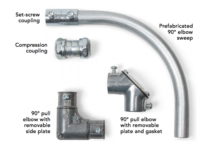 several types of connectors for metal electrical conduit