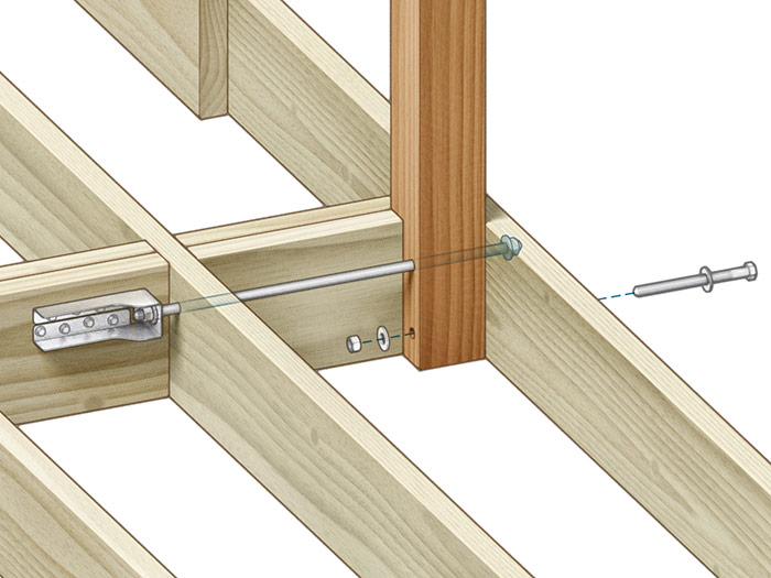 Tension ties: Using two sets of double-2x blocking to tie back to the second inboard joist bay allows use of a single tension tie for a solid connection. 