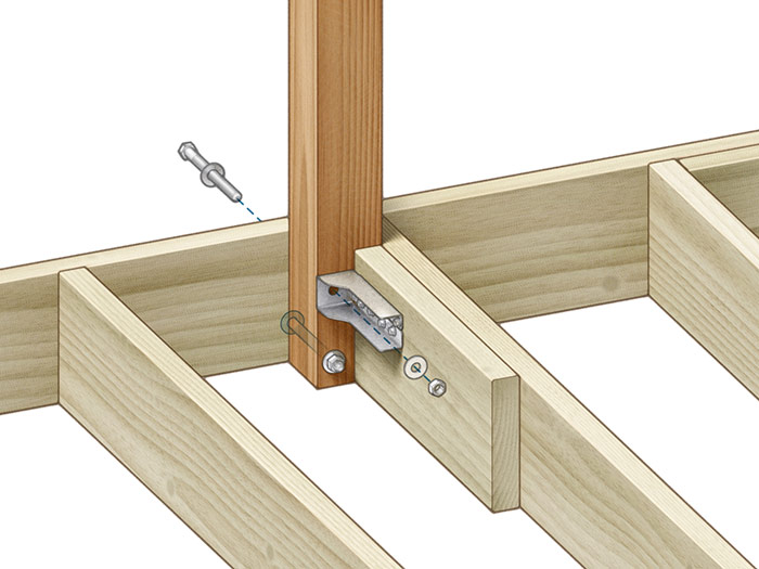 tension ties Block behind the post to the adjacent joist, and secure the upper bolt to the blocking with a tension tie.