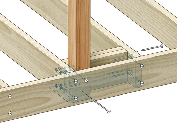 Screws: Double 2x blocking ties the joist to its neighbor, sandwiches the post to the rim, and provides face-grain screwing for optimal hold.