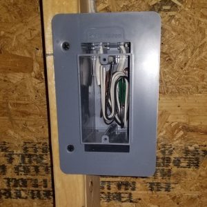 This electrical box, called Air Foil, has a second chamber where the wires penetrate the box. This chamber is then air sealed using expanding foam. The flange seals to the drywall or other interior air control layer by a bead of acoustical caulking.