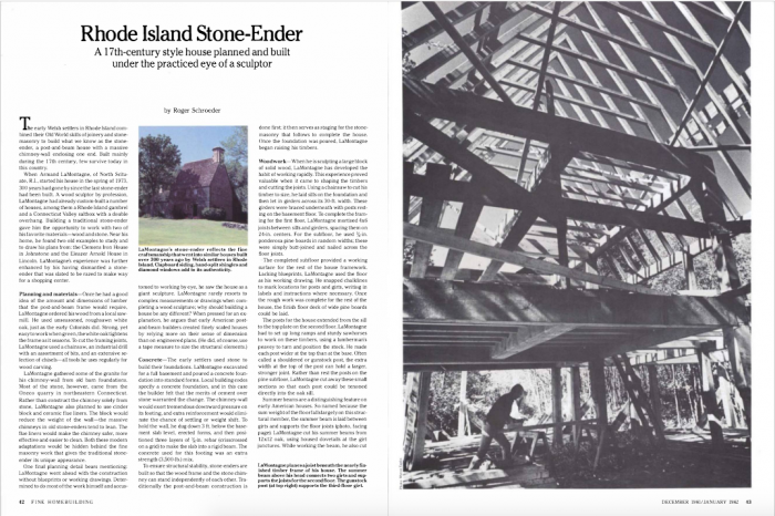 First two pages of FHB's issue #6 article on an East Coast timber-and-stone house, known as a "Stone Ender" for its massive chimney taking up one of the gable walls.