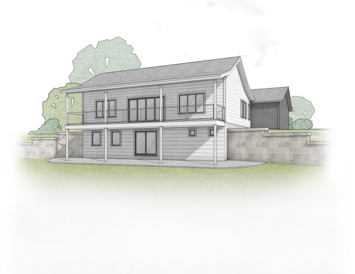 Rendering of a white farmhouse with back trim