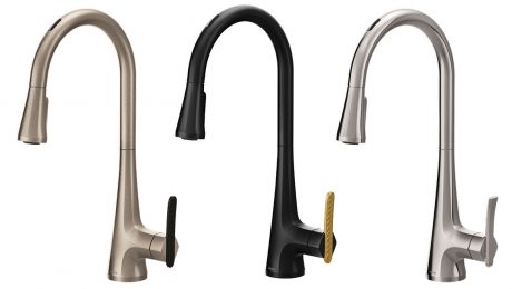 3 Moen faucets in blacl, silver, and brass