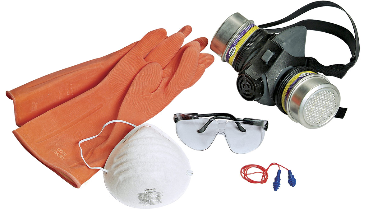 Standard Woodworking safety equipment includes eye and hearing protection. dust mask of some kind and gloves.