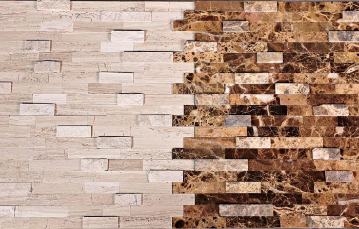 Varied marble tiles are cut and preset on an adhesive sheet to give a 3-D effect on a backsplash or wall.