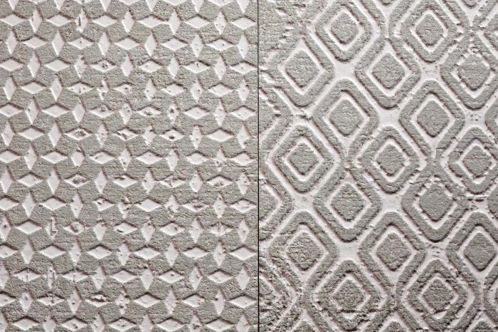 These two tiles are an interesting combination of textures and patterns and give a real architectural feel to any feature wall, whether interior or exterior.