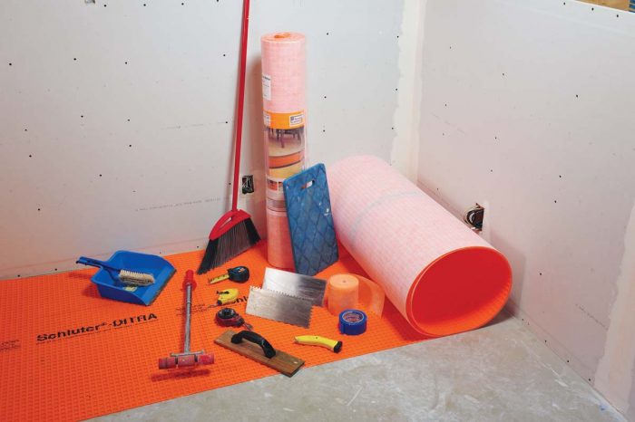 An uncoupling membrane is another type of antifracture and waterproofing membrane. You’ll need a utility knife to cut the membrane and a notched trowel and wood float, followed by a weighted roller, to thinset the membrane in place.