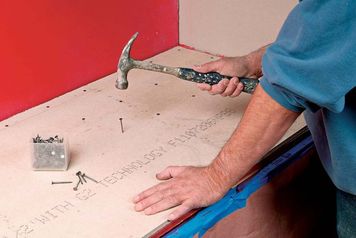 Backerboard can be nailed or screwed into plywood or studs.