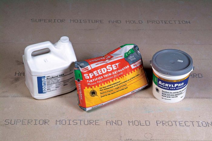 Specialty items for adhesion. Some will save you time and improve the installation. Always heed the instructions for open time and other cautions.