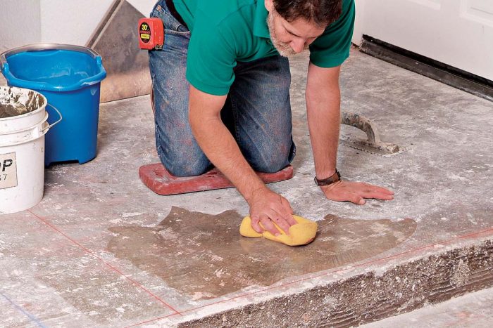 1. A clean floor surface is essential for properly bonded tiles.