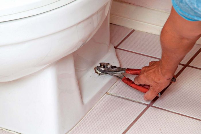 Use pliers or a wrench to remove the toilet hold-down nuts from the flange bolts.