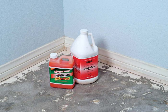 Chemical floor strippers make short work of removing glue and other debris from your floor to prepare for a new tile installation.