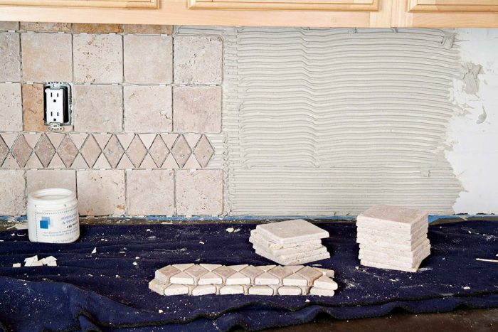 Having all backsplash tiling materials close by makes for an easier installation.