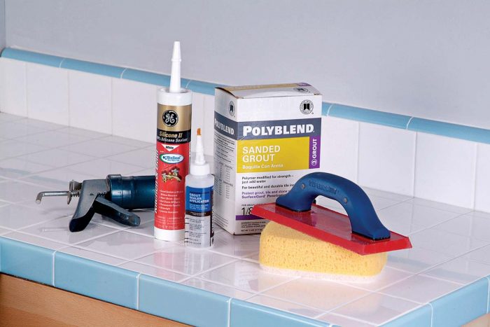 Be sure to assemble your tools and materials before you begin. Some of the things you’ll need are a grout float and large new sponges.