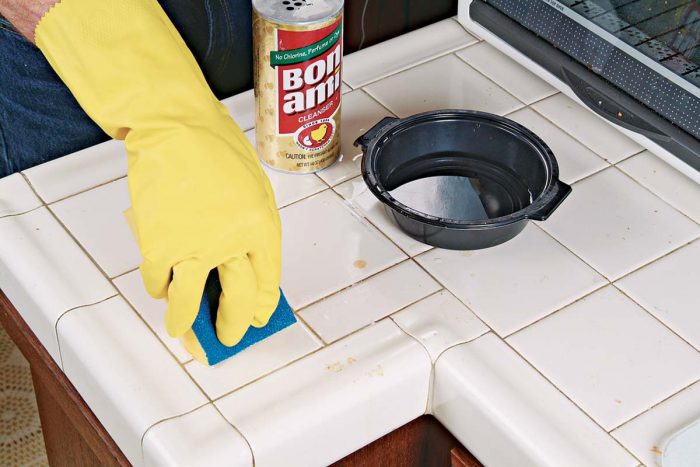 To remove grout stains or pot marks, sprinkle some Bon Ami® on a damp surface and scrub with a foam sponge.