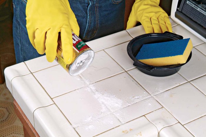 For stain removal, dampen the surface and sprinkle cleanser directly on the grout joints.