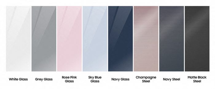 A color palette ranging with white, grey, blues, and pinks