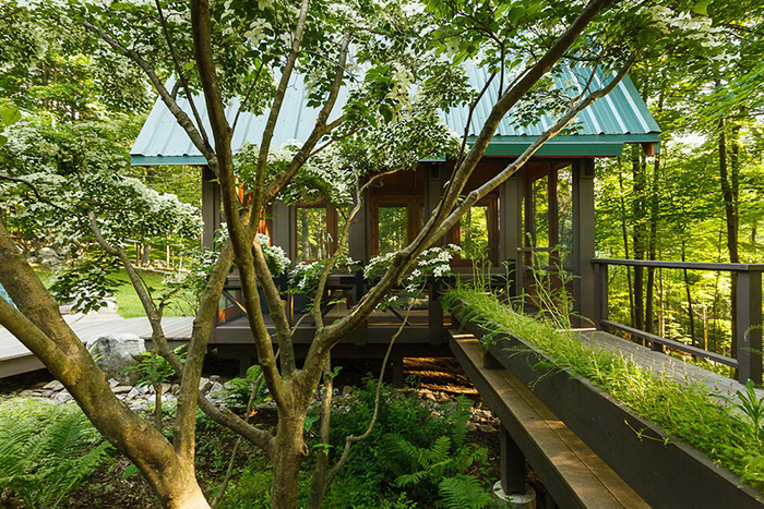 An outdoor modern gazebo surrounded by trees