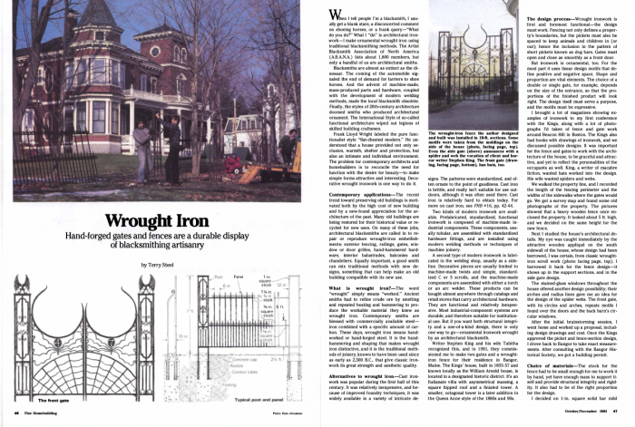 Opening spread of article about Wrought Iron in issue #17 of Fine Homebuilding magazine