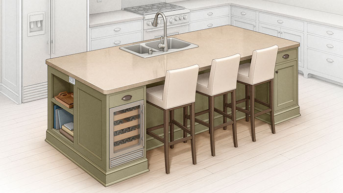 drawing of a built-in kitchen island