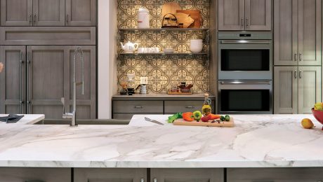 White porcelain countertop with gray cabinets