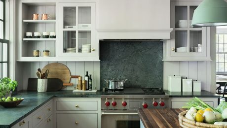 A kitchen with green soapstone countertops