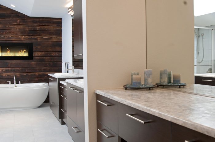 A bathroom with quartzite countertops