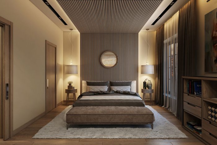 A large bedroom with the wall panels on both the wall and the ceiling
