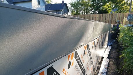 A layer of the exterior insulation on a foundation