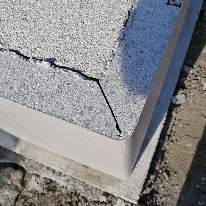 Closeup of the foundation exterior insulation system