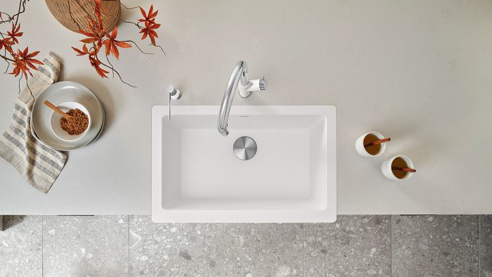 View form above of a white sink