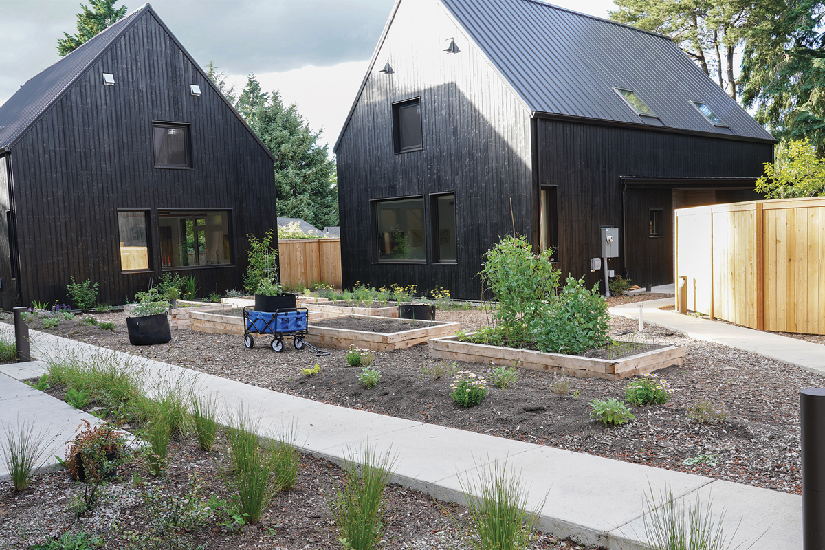 4. Community spaces. A central courtyard, located for maximum sun exposure, holds raised garden beds.