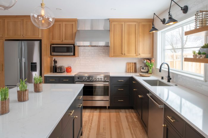 Bright kitchen with white oak and dark cabinets