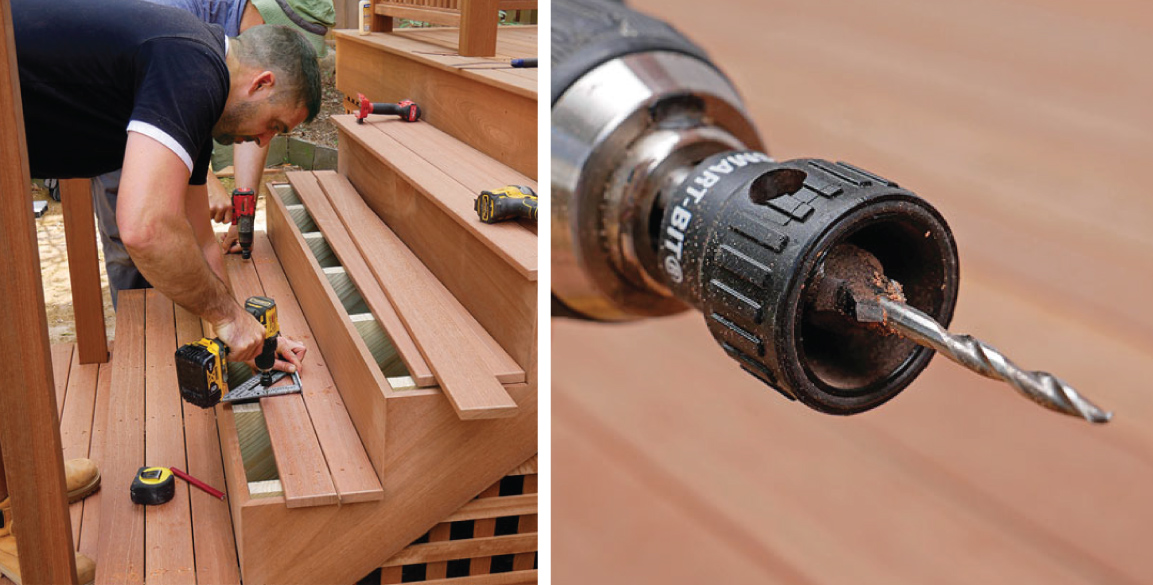 Consistent countersinking. A Starborn Smart-Bit with countersink is used to predrill holes for 2-1⁄4-in. DWP Wood SS screws and ensure a flush finish.