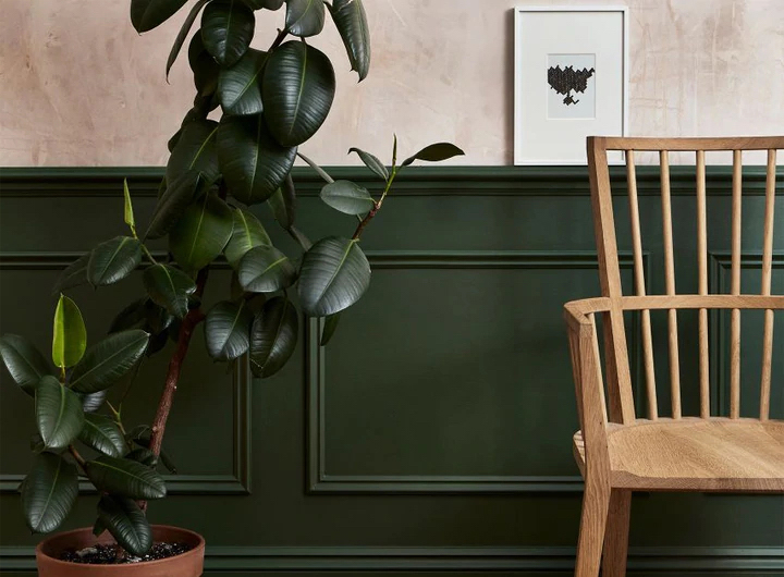 Dark green paneling painted with Mylands Brompton Road No. 205 from the Colours of London collection, the perfect palette for picking paint colors.