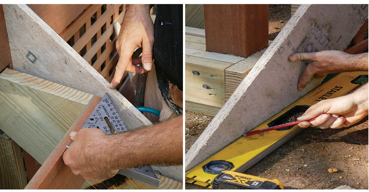 Dial in the fit. Use a piece of riser stock and a speed square to check the fit and placement of the scrap, then tack it to the stringer. Use a second piece of scrap and a level to scribe the bottom cut.