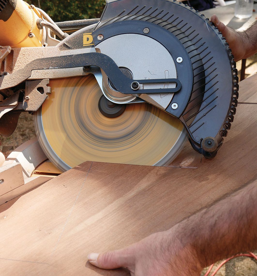 … then left. The other skirtboard’s miter cuts require a saw that bevels to the left, which meant swapping the track saw for our miter saw. 