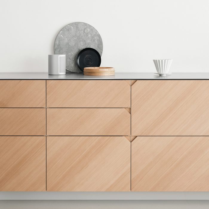 wood cabinets with triangle hand pulls