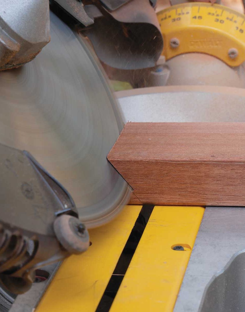 Transfer to the saw. Use the scribed stock to transfer the angle to a miter saw. Make practice cuts until you have dialed in the exact bevel setting.