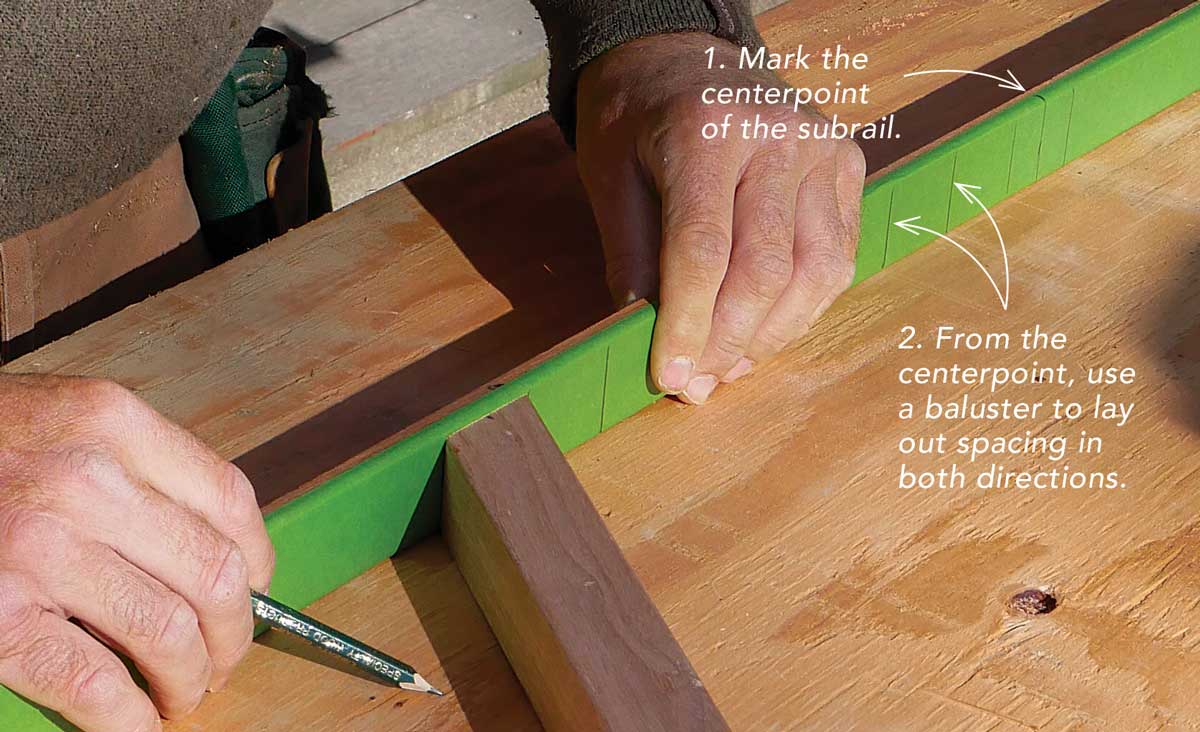 Space the balusters. Cover one side of the subrail with tape to avoid erasing pencil lines later. Find and mark the centerpoint of the subrail, and then mark the baluster spacing in both directions. Lay out the entire section to ensure the spacing remains consistent. The centerpoint can be a baluster or a space, depending on what is best for the overall fit across the run.