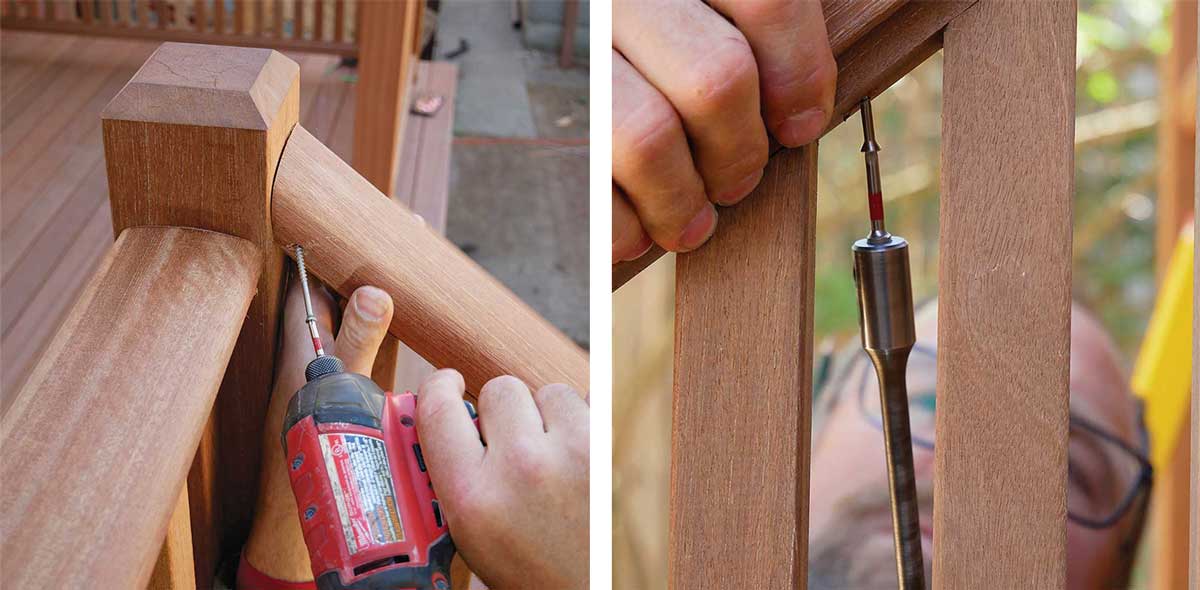 A molded handrail is cut to length and placed on top of the subrail to complete the railing and cover the visible hardware. The fit should be snug, and you may need to tap it into place. The cap is toescrewed to the posts to hold it in place and secured with screws from below for a refined finish.