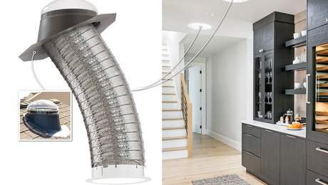 Product shot and application shot of VELUX sun tunnel in a home.
