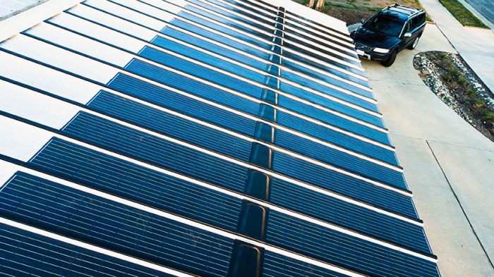 Closeup view of solar panels on metal roof