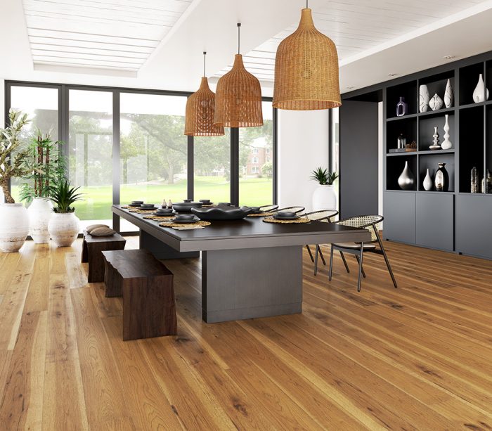 Warm hickory wood floors in a dining room