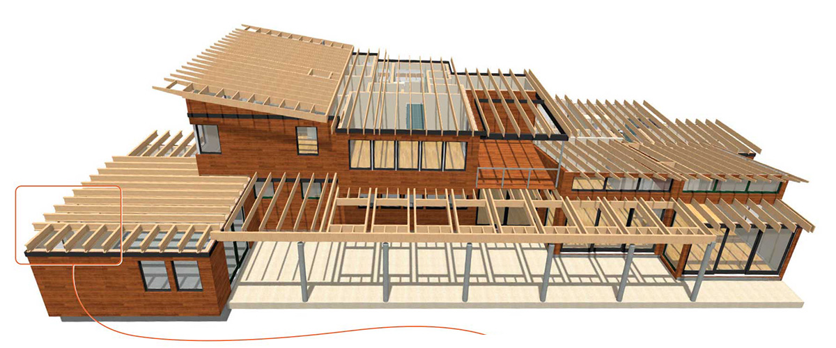 2D drawing of a house and roof framing