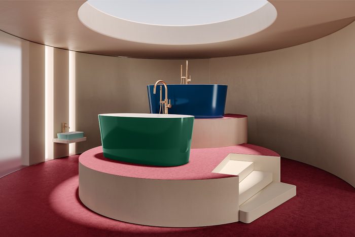 Two bathtubs on a red pedestal: one in green and one in blue