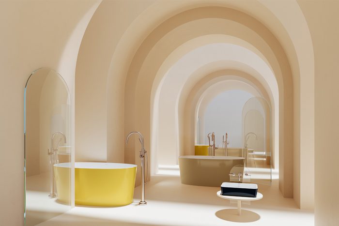 An arched room with a yello freestanding bathtub