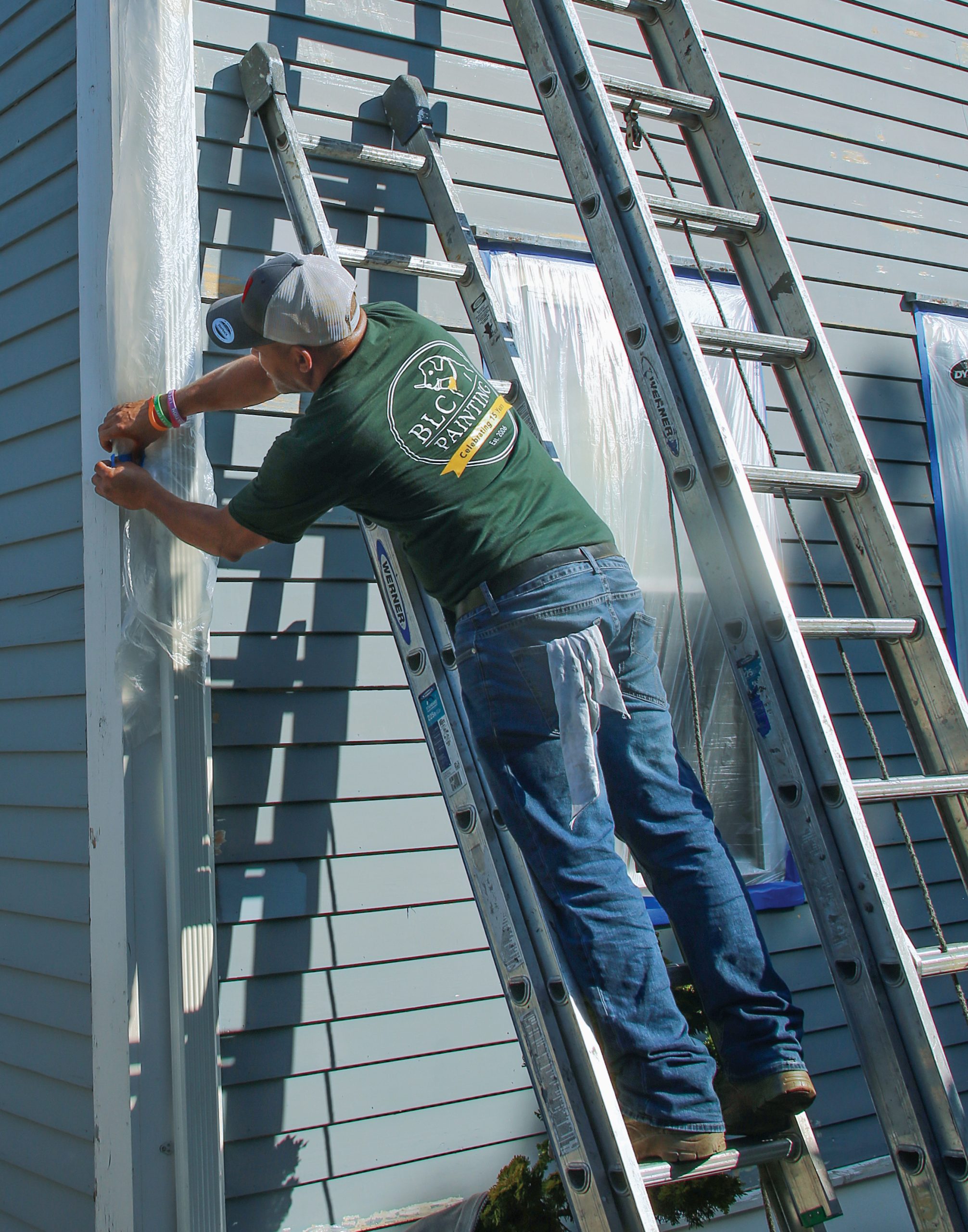 Gutters and downspouts. Removing downspouts makes painting easier, but most homeowners don’t want to add to the scope of the project, so we mask them. Ladder placement: Our procedures follow OSHAs 4-to-1 rule: With every 4 ft. of height, the ladder is extended 1 ft. away from the house.