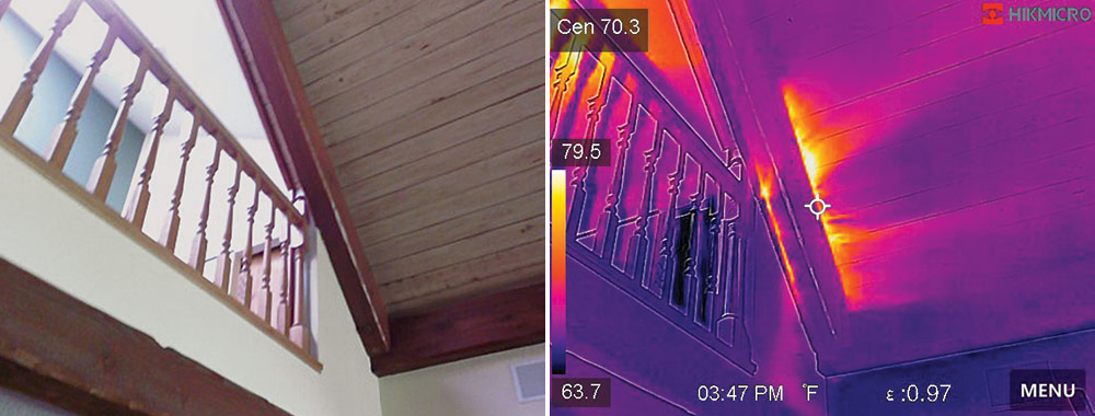 regular image or a wall and ceiling versus the thermal image of the same spot